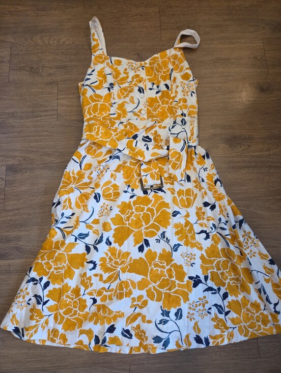 Ann Taylor Dresses & Skirts - Ann Taylor Dress Linen Blend Belted Yellow White Floral Size 14